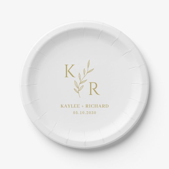 Leafy Initials Wedding Rehearsal Engagement Party Paper Plates (Front)