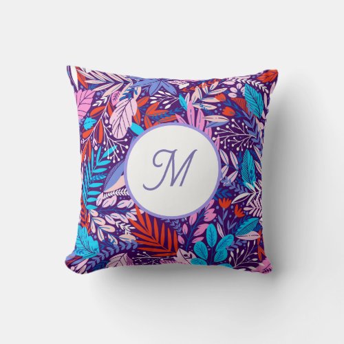 Leafy Joyful Periwinkle and Monogram Pattern Throw Pillow