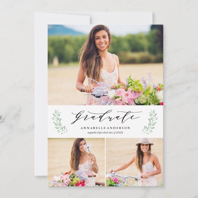 Leafy Laurels Graduation Multi-Photo Announcement (Front)