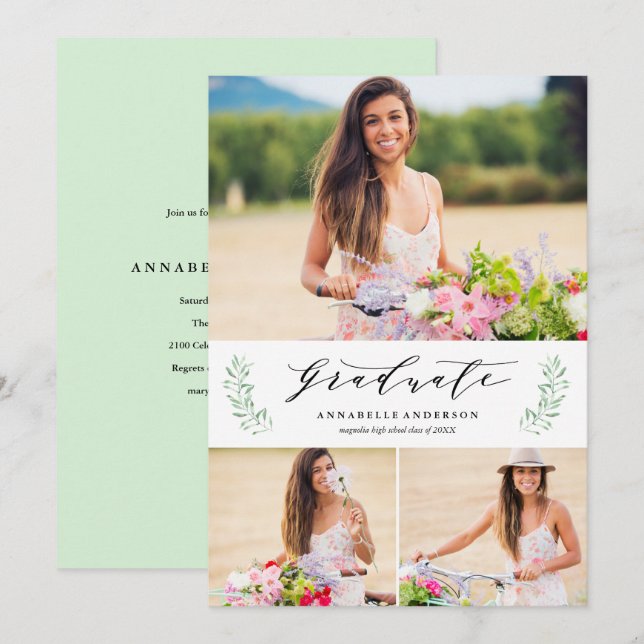 Leafy Laurels Graduation Party Photo Invitation (Front/Back)