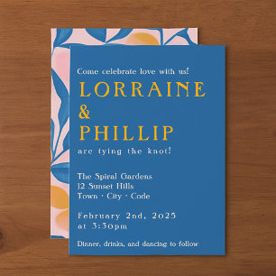 Leafy Lithograph Bold Blue yellow and pink wedding Invitation