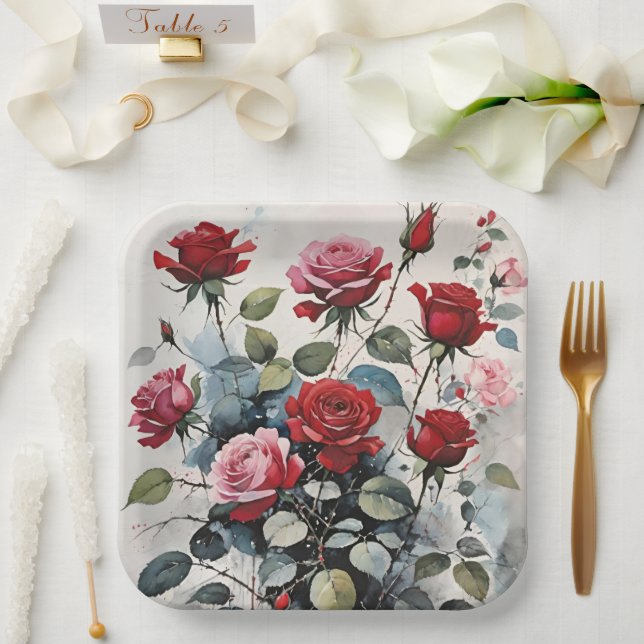 Leafy Long Stem Red And Pink Roses Paper Plates (Wedding)