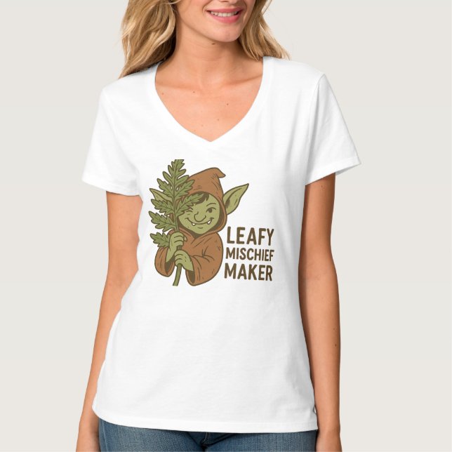 Leafy Mischief Maker - Cute Goblin Forest Creature T-Shirt (Front)