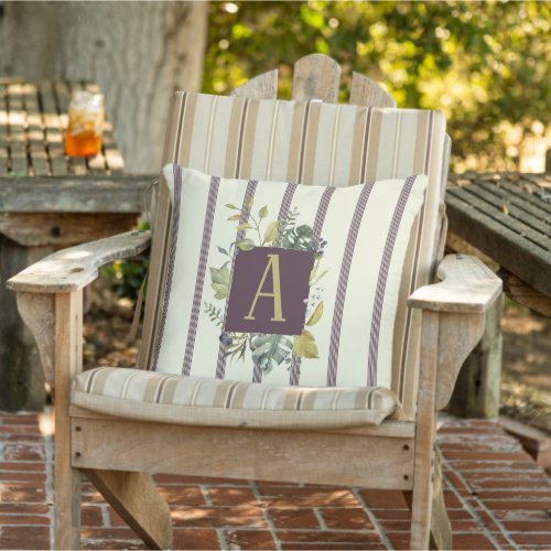 Leafy Monogram Burgundy Stripe Outdoor Pillow