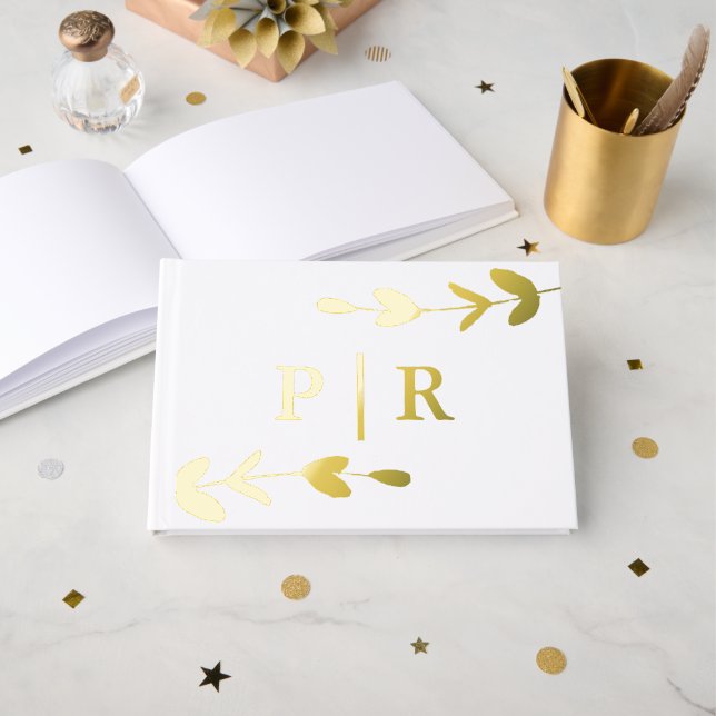 Leafy Monogram Name and Date Wedding Foil Guest Book (Front Open)