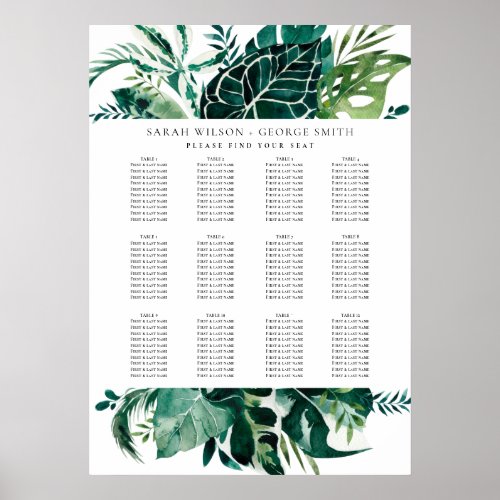 Leafy Monstera Green Fauna Wedding Seating Chart