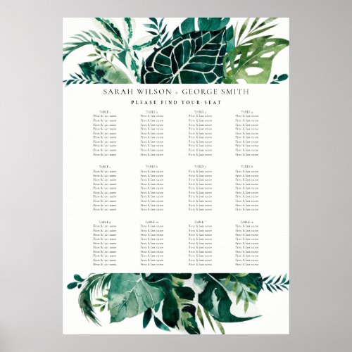 Leafy Monstera Green Fauna Wedding Seating Chart