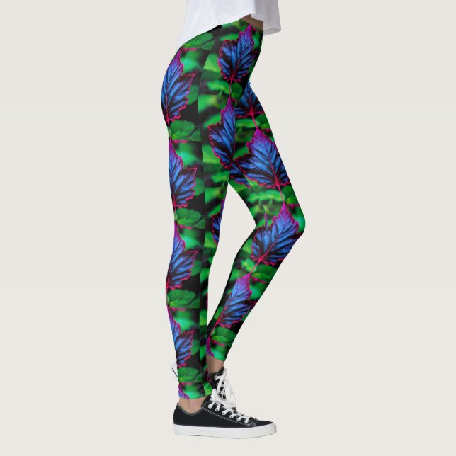 Leafy Neon Blue on Vivid Green Leggings (Right)