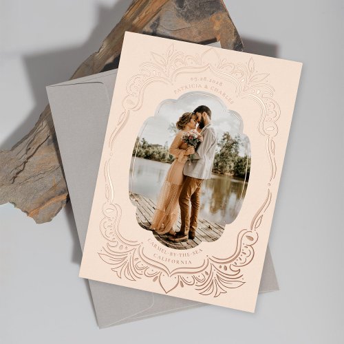 Leafy Ornate Photo Frame Peach Foil Invitation