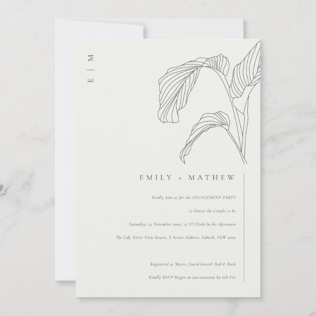 Leafy Palm Sketch Black White Engagement Invite (Front)