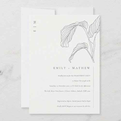 Leafy Palm Sketch Black White Engagement Invite