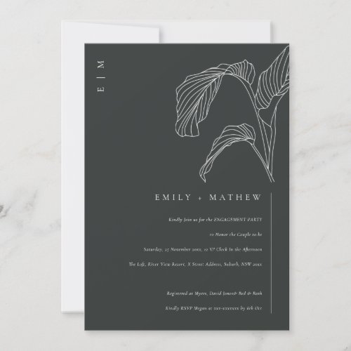 Leafy Palm Sketch Black White Engagement Invite