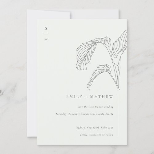 Leafy Palm Sketch Black White Save The Date Card