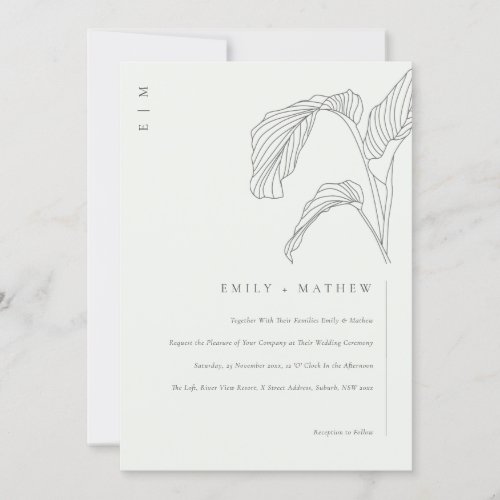 Leafy Palm Sketch Black White Wedding Invite