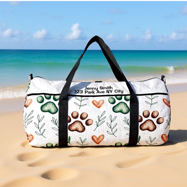 Leafy Paw Print Pet Travel Monogram Personalize Duffle Bag (Creator Uploaded)