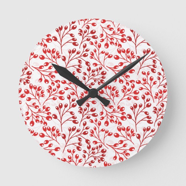Leafy Red Pattern Modern Elegant Berries Round Clock (Front)