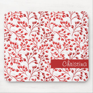 Leafy Red Pattern Modern Elegant Custom Name  Mouse Pad