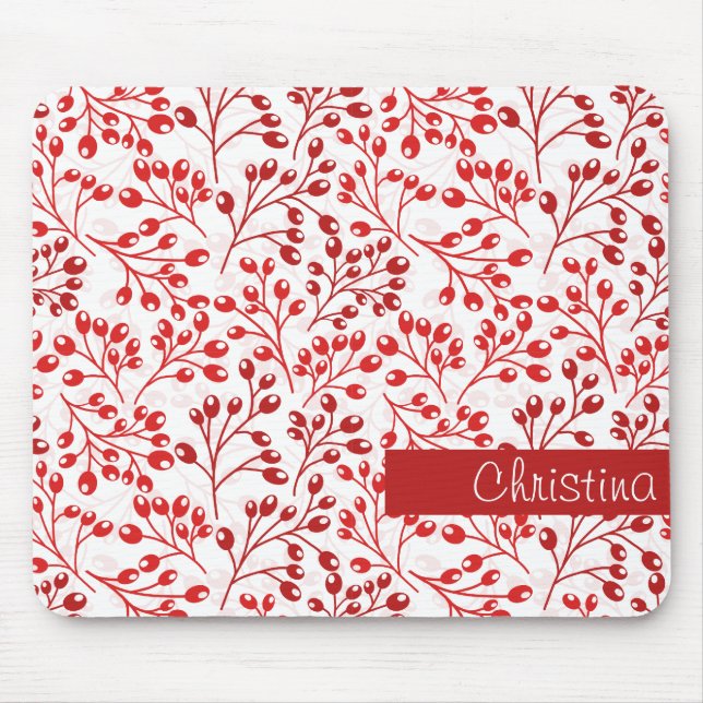Leafy Red Pattern Modern Elegant Custom Name  Mouse Pad (Front)