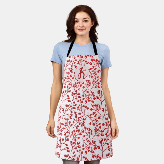 Leafy Red Pattern Modern Elegant Monogrammed Apron (Worn)