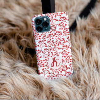 Leafy Red Pattern Modern Elegant Monogrammed iPhone 11 Case