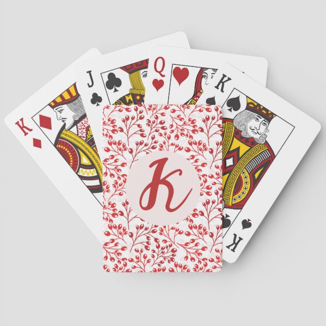 Leafy Red Pattern Modern Elegant Monogrammed Poker Cards (Back)