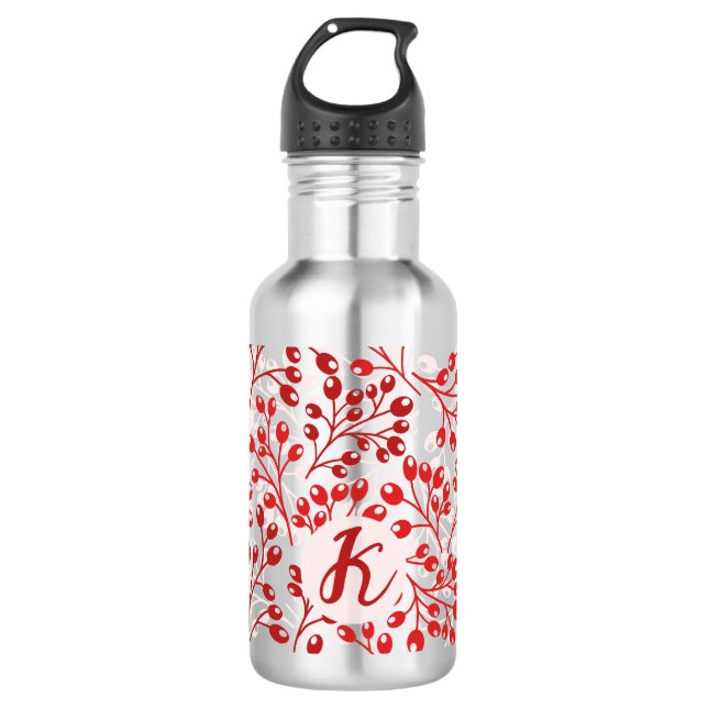 Leafy Red Pattern Modern Elegant Monogrammed Stainless Steel Water Bottle (Front)