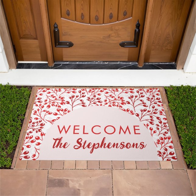 Leafy Red Pattern Modern Elegant Welcome Name  Doormat (Outdoor)