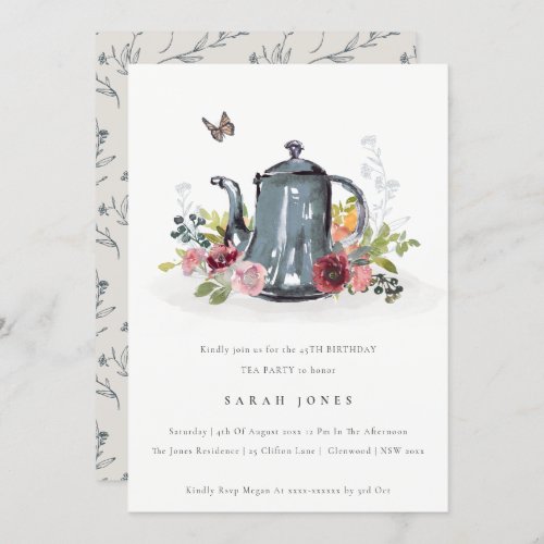 Leafy Rose Floral Teapot Any Age Birthday Invite