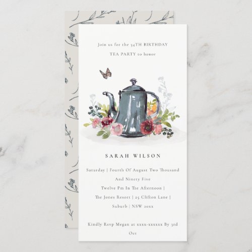 Leafy Rose Floral Teapot Any Age Birthday Invite
