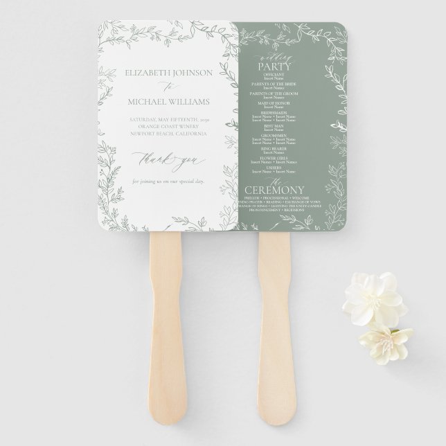Leafy Sage Green Elegant Monogram Wedding Program Hand Fan (Front and Back)