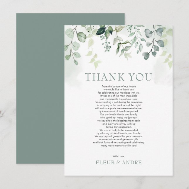 Leafy Sage Green Eucalyptus Garden Wedding  Thank You Card (Front/Back)
