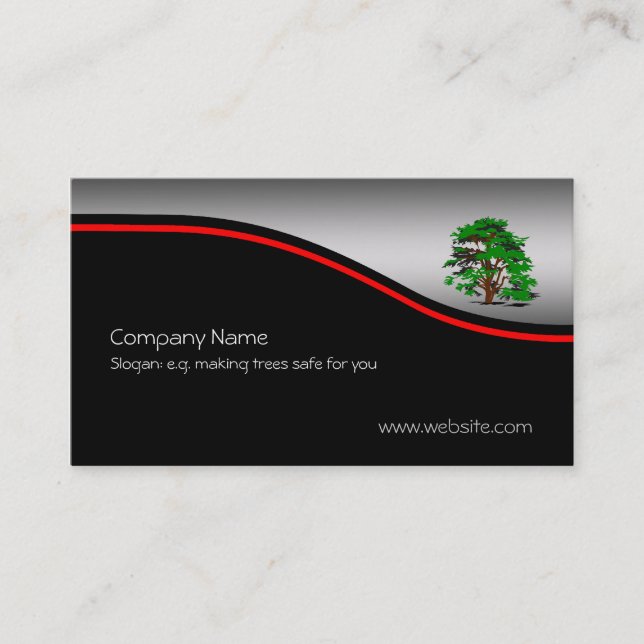 Leafy Tree, red swoosh, metallic-effect Business Card (Front)