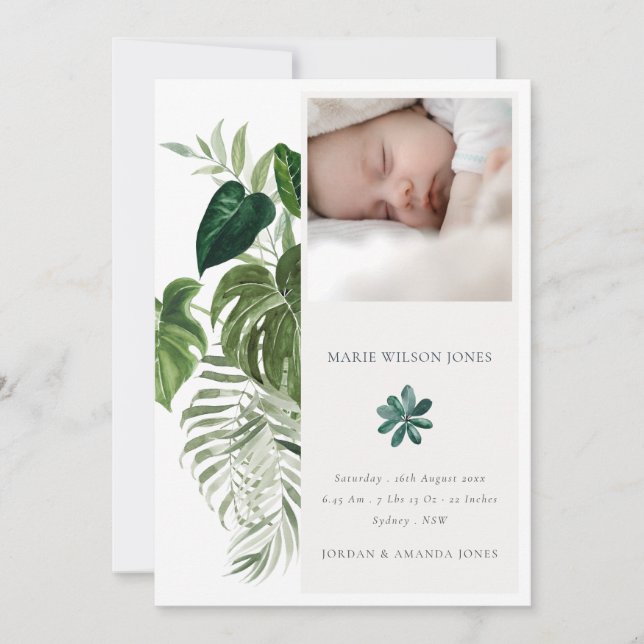 Leafy Tropical Fauna Photo Baby Birth Announcement (Front)