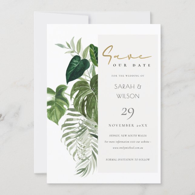 Leafy Tropical Palm Foliage Save The Date Card (Front)