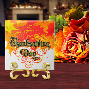 Leafy Typographic Thanksgiving Day Words Ceramic Tile
