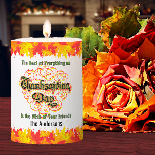 Leafy Typographic Thanksgiving Day Words Pillar Candle