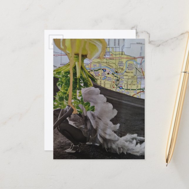 Leafy UFO Comes For Her Fashion Collage Postcard (Front/Back In Situ)
