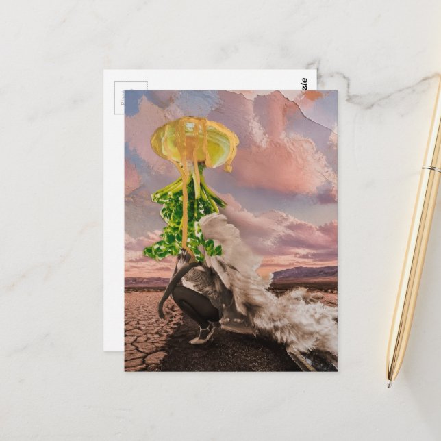 Leafy UFO Comes For Her Mixed Media Collage Postcard (Front/Back In Situ)