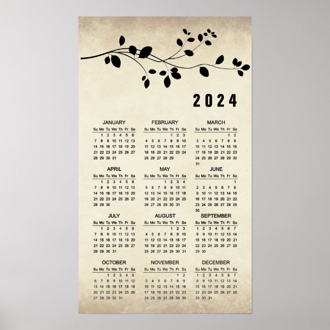 Leafy Vine Design 2024 Wall Calendar Poster
