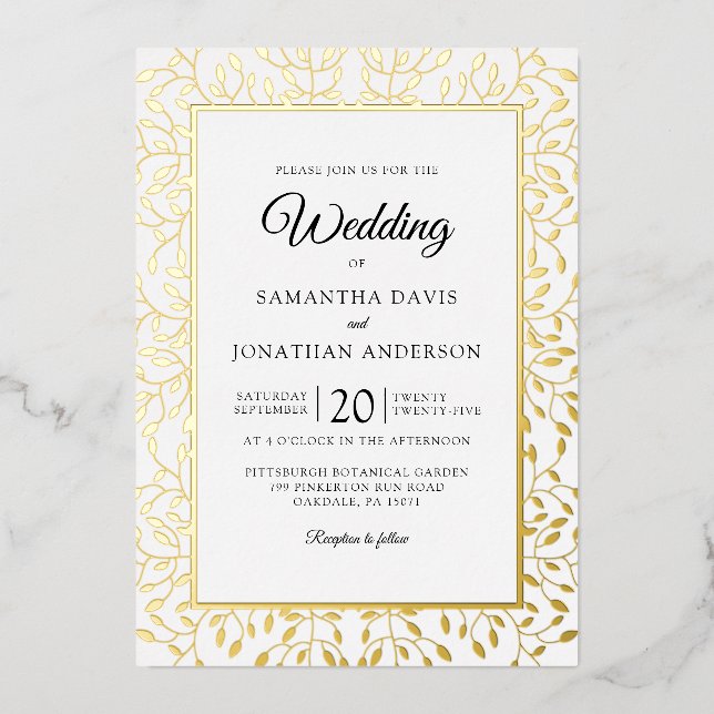 Leafy Vine Gold Foil Border Wedding Foil Invitation (Front)