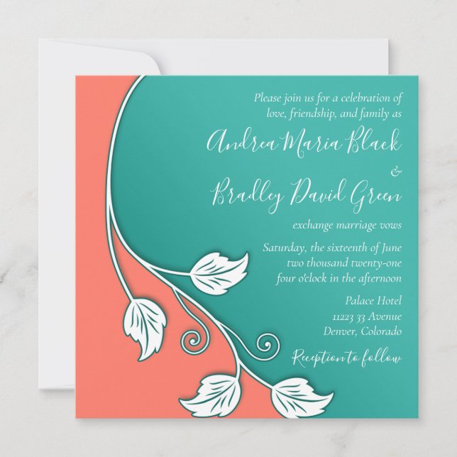 Leafy Vine Turquoise, Coral White Wedding Invitation (Front)