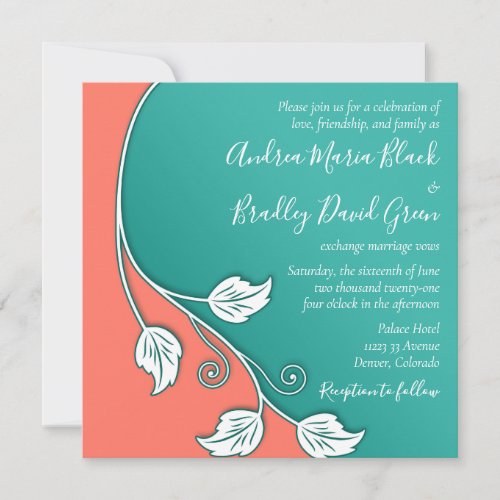 Turquoise, Coral, &amp; White Wedding Invitation