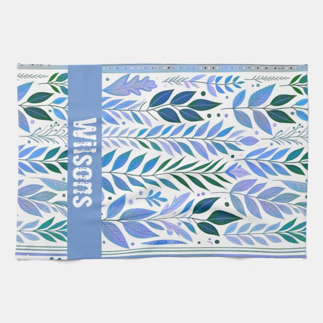 Leafy Vines pattern. blue and Periwinkle Kitchen Towel (Horizontal)