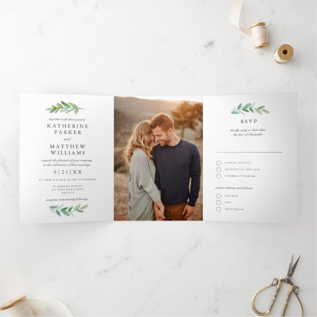 Leafy Watercolor and Faux Rose Gold Wedding Photo Tri-Fold Invitation (Inside)