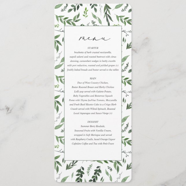 Leafy watercolor botanical wedding menu (Front)