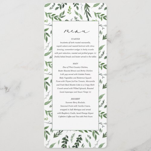 Leafy watercolor botanical wedding menu