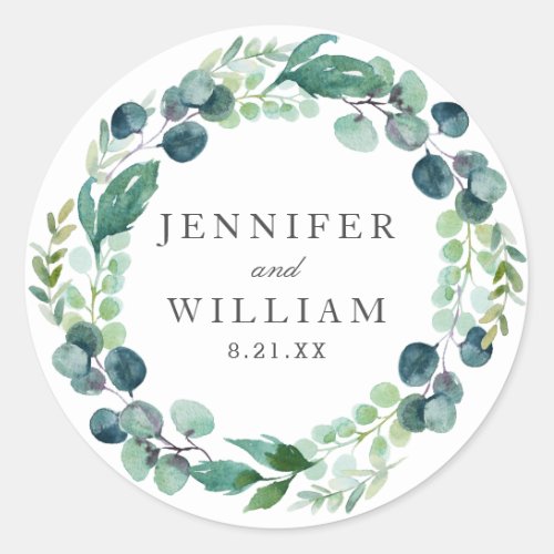 Leafy Watercolor Botanicals Wreath Wedding Classic Round Sticker