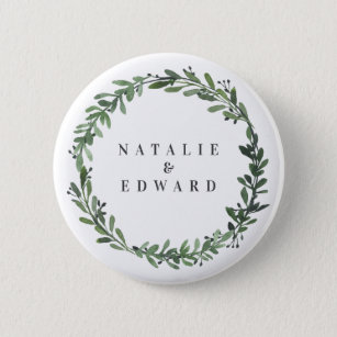 leafy watercolor floral wedding name button