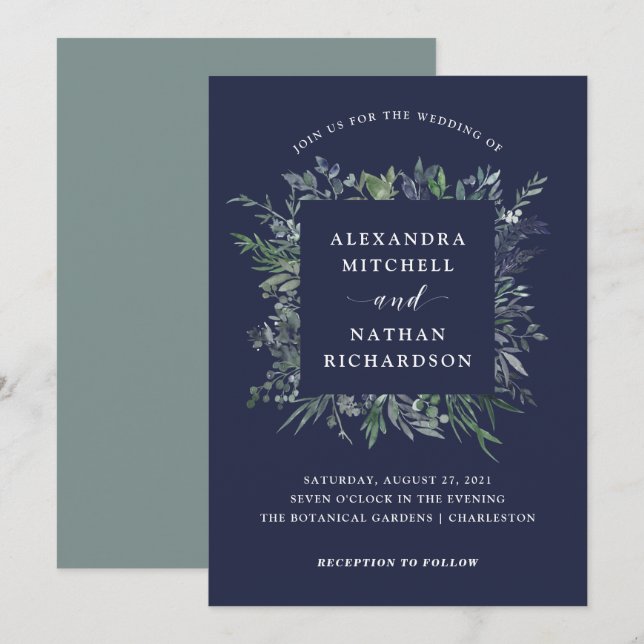 Leafy Watercolor | Midnight Blue Wedding Invitation (Front/Back)