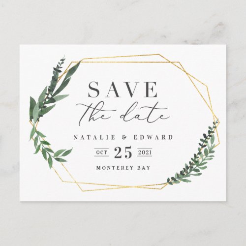 leafy watercolor photo save the date postcard